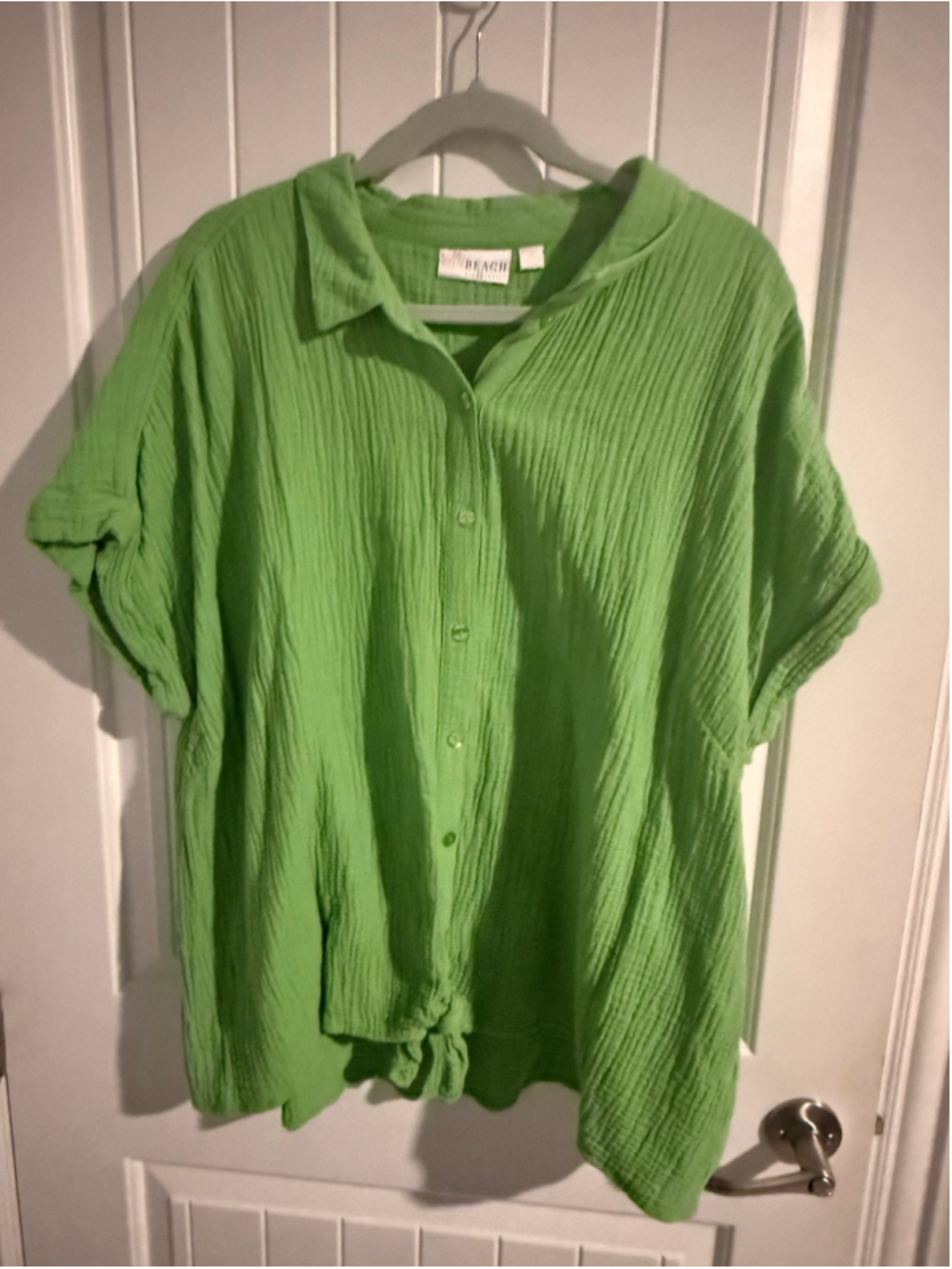 Belle Beach by Kim Gravel 2X Green Cotton Gauze Crinkle Button Front Shirt